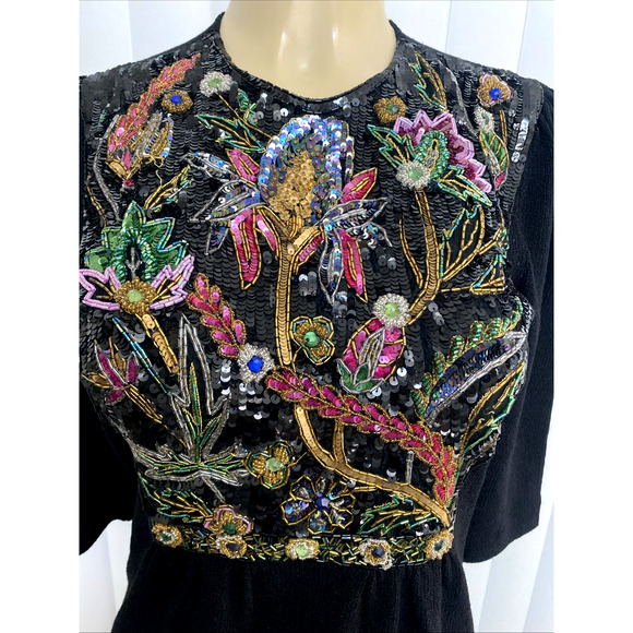 Pat Sandler Wellmore Knit Sweater Dress Black Beaded Embellished 3/4 Sleeve 8 - Picture 4 of 6